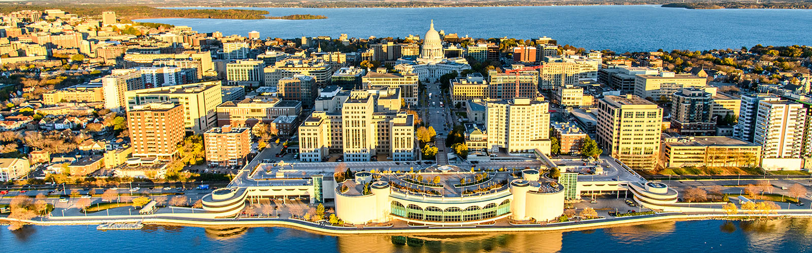 Aerial image of downtown madison focused on the capitol