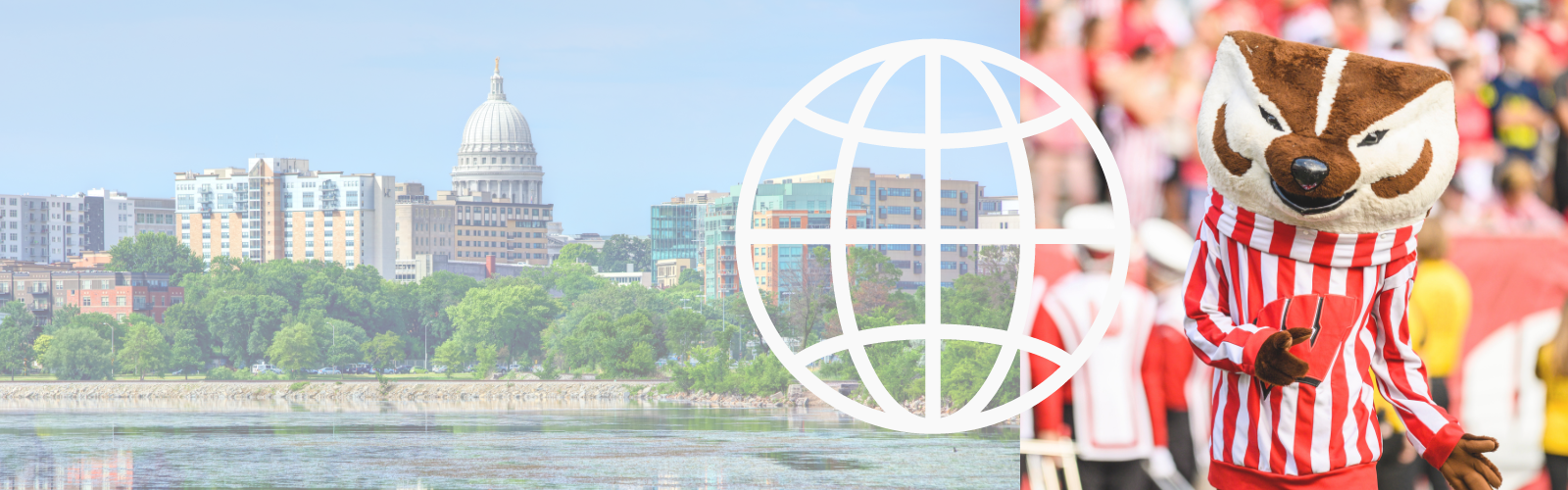 International Student Page Banner with a lake-view shot of the madison capitol (left) and Bucky Badger at a football game (right).