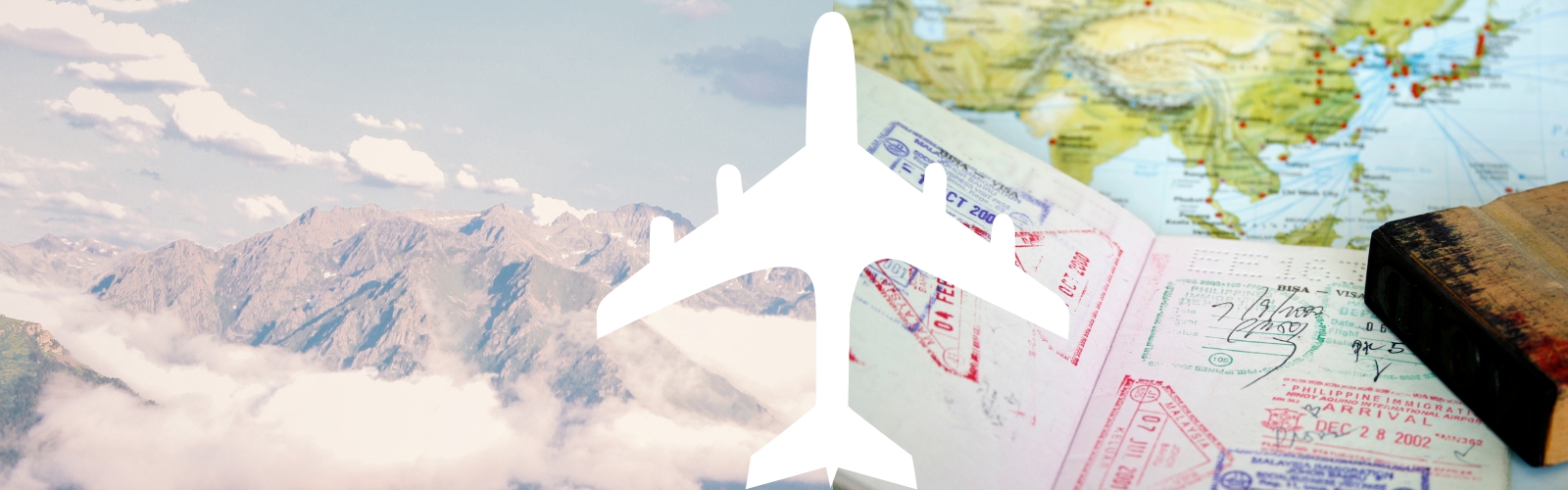 Study Abroad page header with a white plane in the center, mountains (left) and a map with an open passport (right)