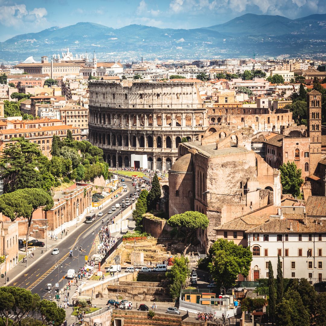 Bird-Eye view picture of Rome, Italy focusing on the coluseum