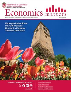 Cover of Economics Matters newsletter that shows the Carillon Tower at the University of Wisconsin-Madison is pictured with late spring tulips.